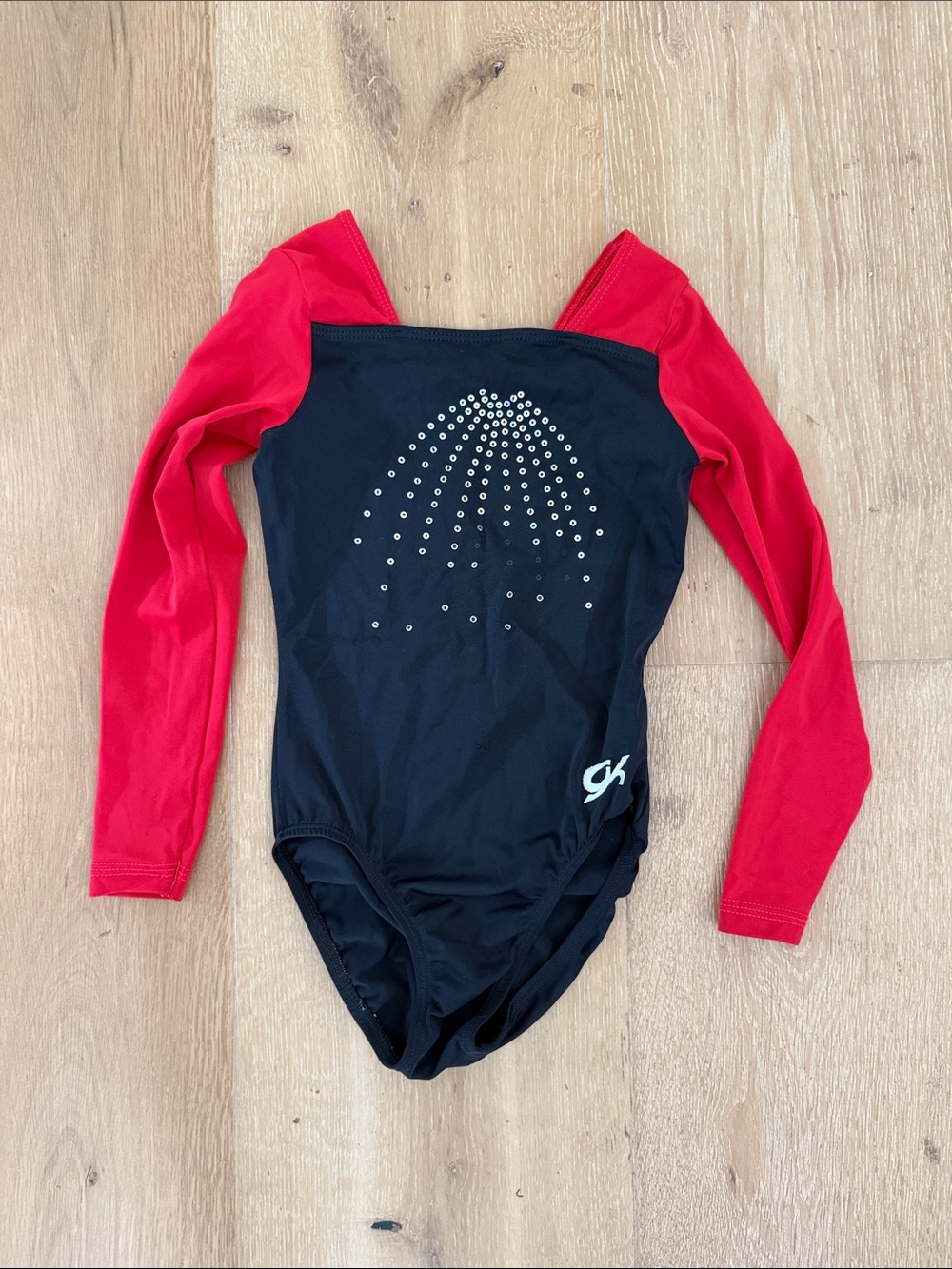 GK Black and Red Long-Sleeve Leotard with Rhinestone Detail
